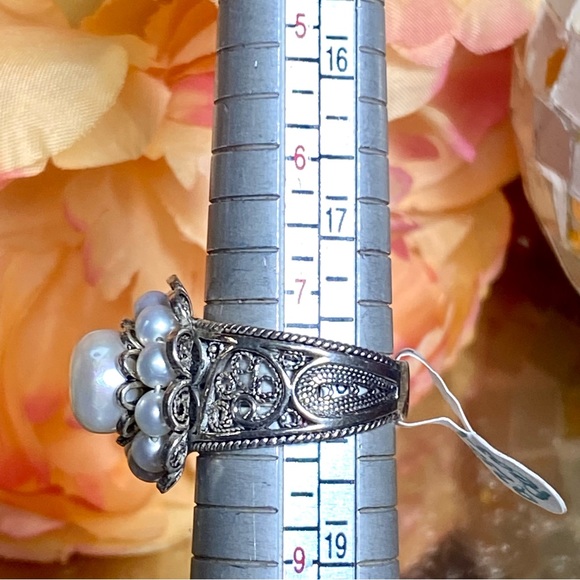 Vintage Estate Pearl Flower Cluster Ring ~ 925 Sterling Silver Antique Scroll - Picture 11 of 15
